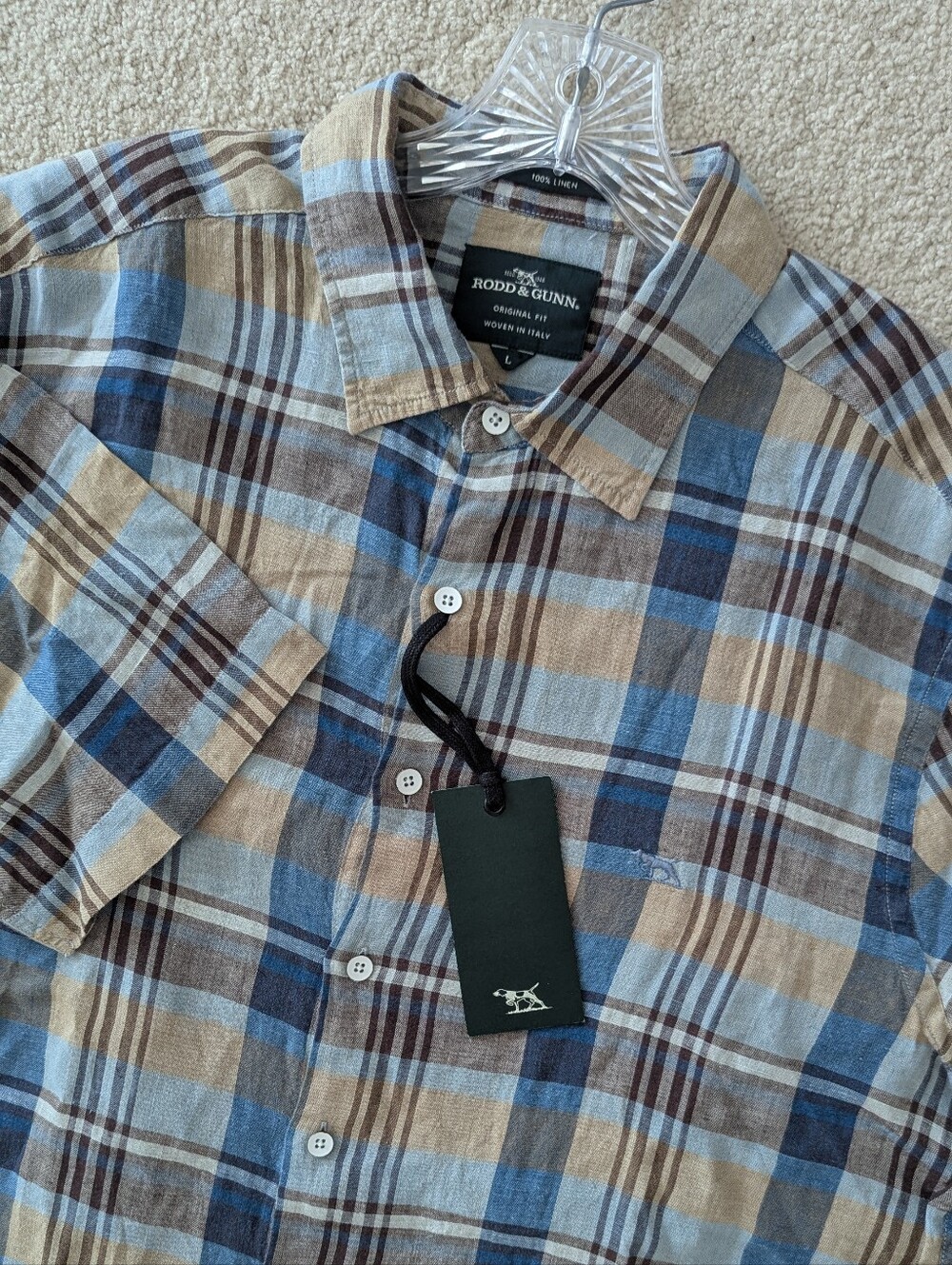 NWT Rodd & Gunn Men's 100% Linen Short Sleeve Button Down Blue Tan Brown Sz L